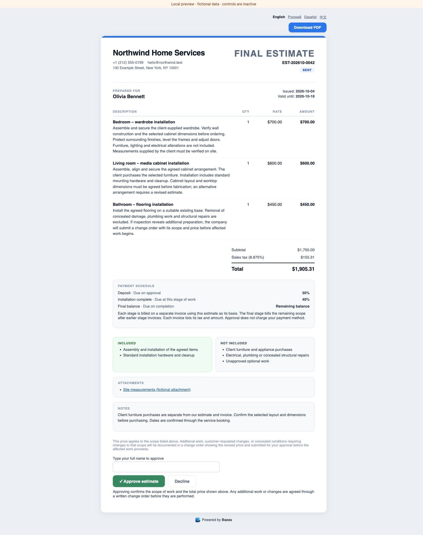 Locally rendered estimate with fictional Northwind Home Services data, showing proposed work and document controls