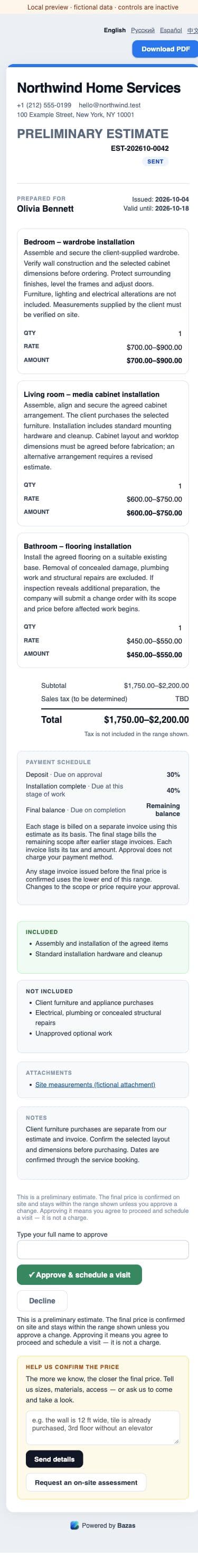 Mobile local estimate preview using fictional data; interface controls in the screenshot are inactive